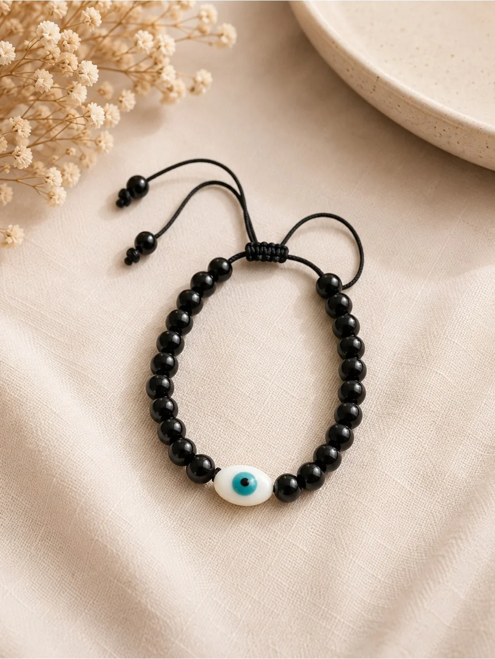 Kids Black Beaded Bracelet with Blue Eye Charm